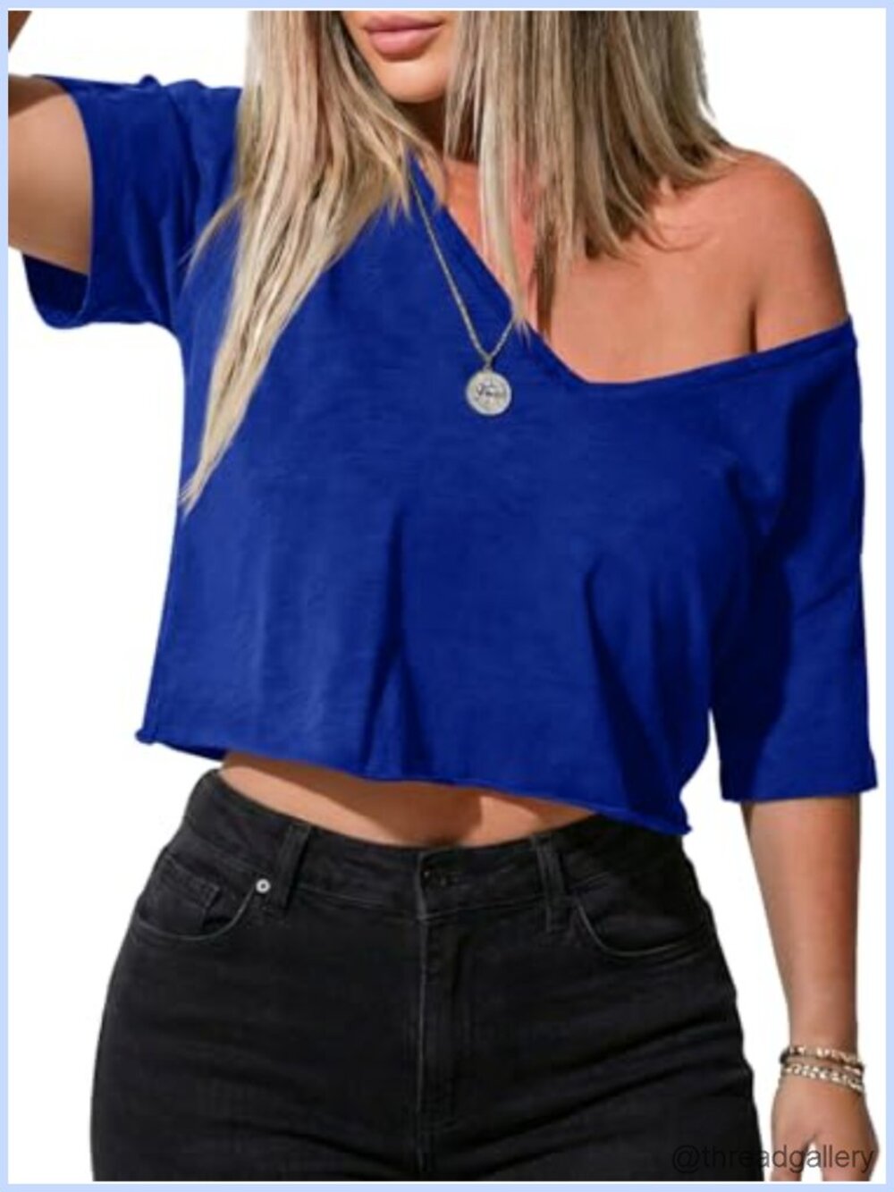 Women's Off Shoulder Crop Top Loose V Neck Short Sleeve T-Shirt